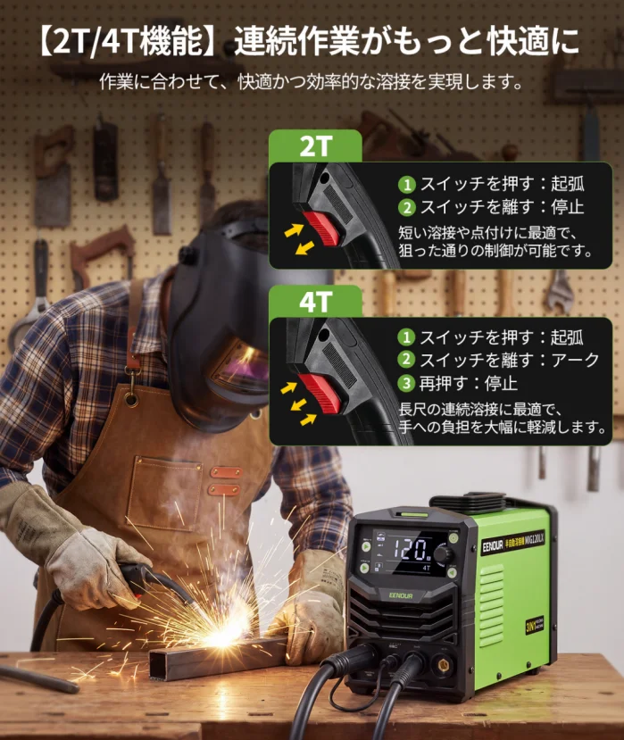 EENOUR 半自動溶接機MIG120LXの2T/4T機能説明と溶接作業の様子