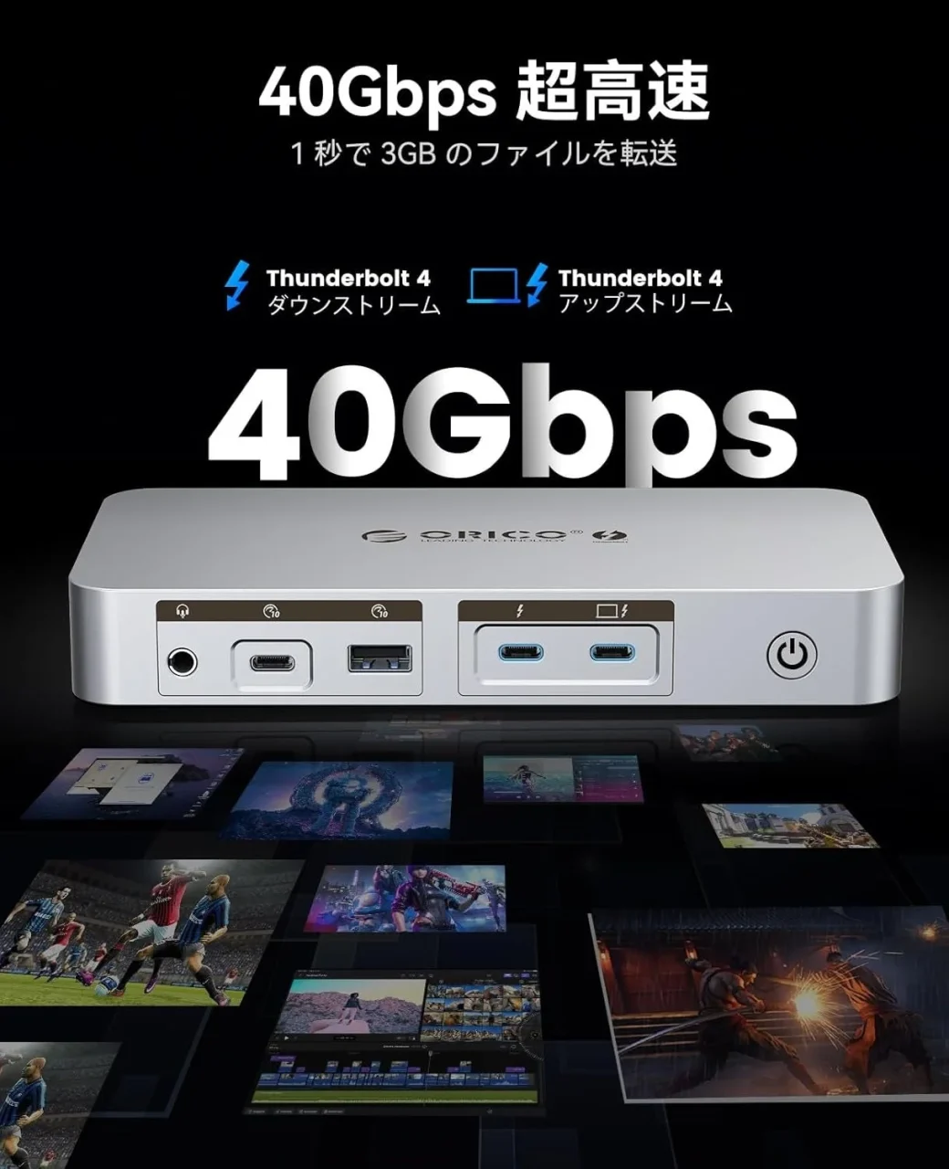 ORICO 12-in-1 Thunderbolt 4ドッキングステーションの前面と40Gbps表示