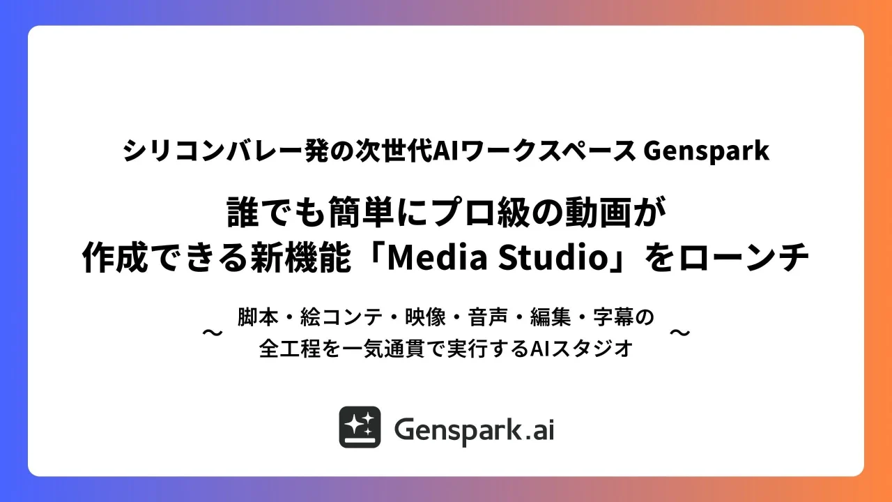 Genspark AI Media Studioのローンチ告知。Genspark.aiロゴとタイトル