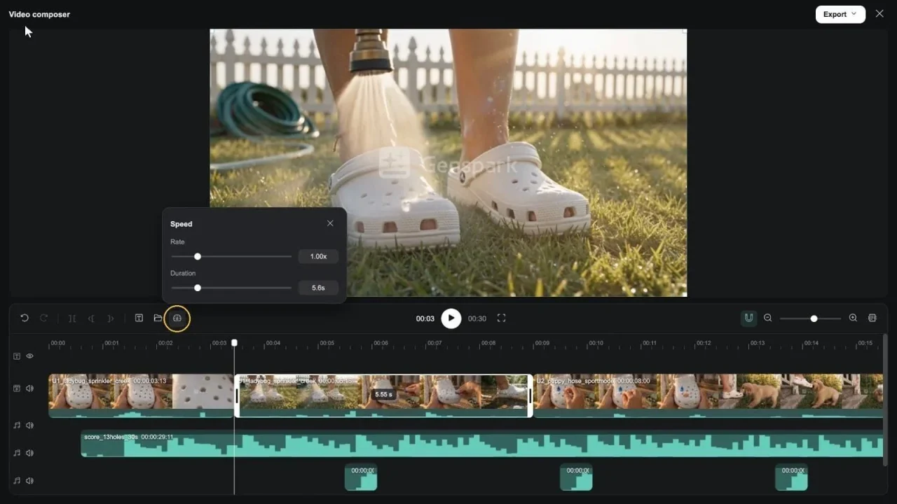 Video composerの編集画面で再生速度を調整するタイムライン