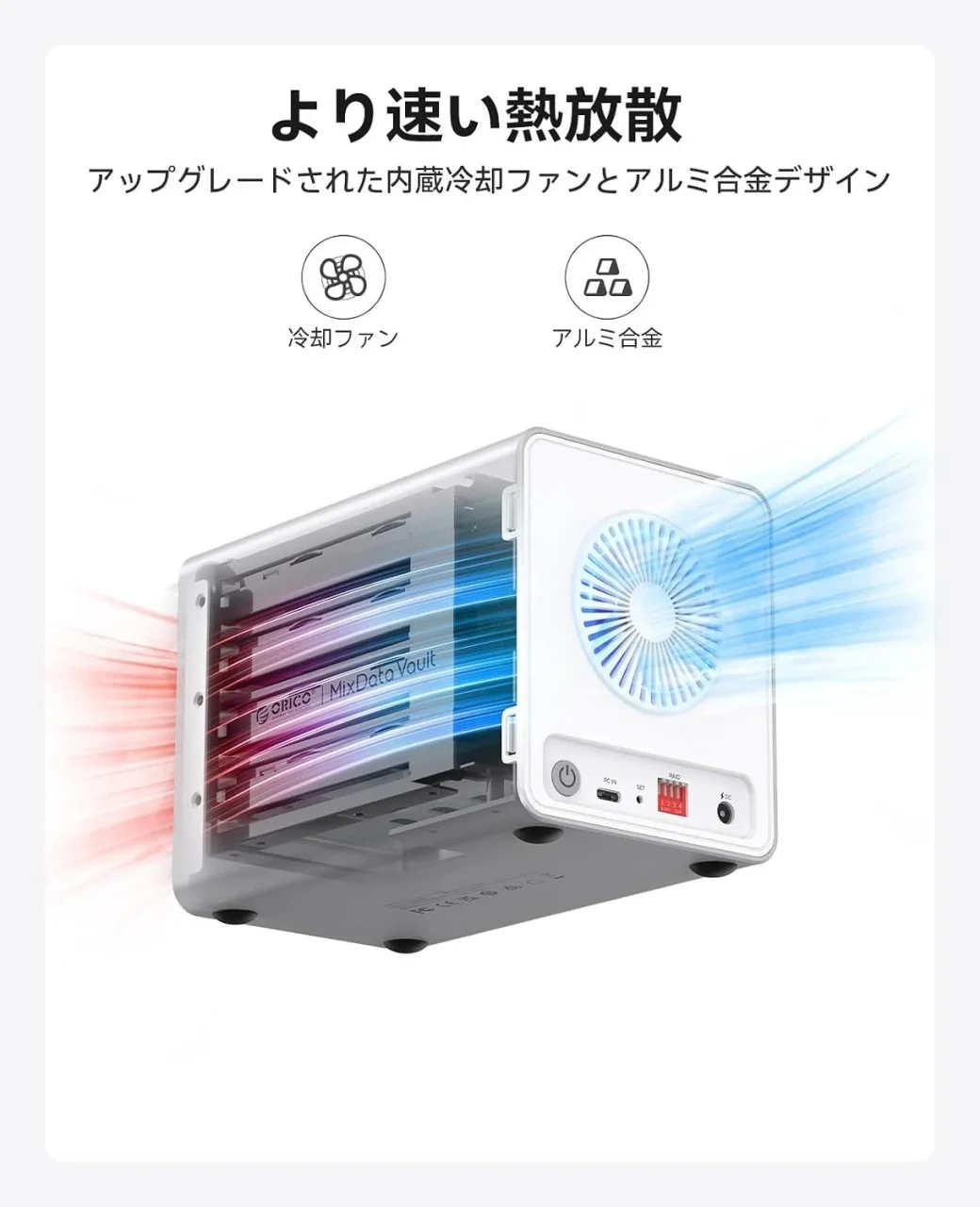 内蔵冷却ファンとアルミ合金デザインの放熱を示す白い4ベイSSDケース