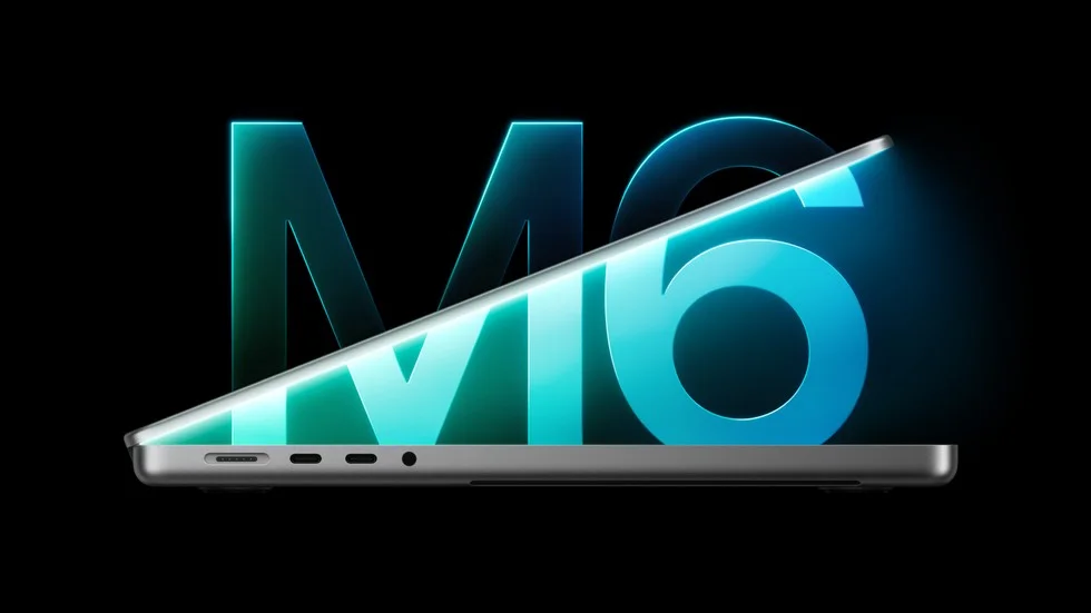 黒背景に大きな「M6」の文字と、半開きの14インチMacBook Proの側面