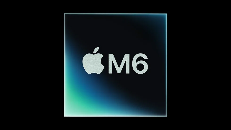 黒背景に青緑のグラデーション枠、Appleロゴと「M6」の文字