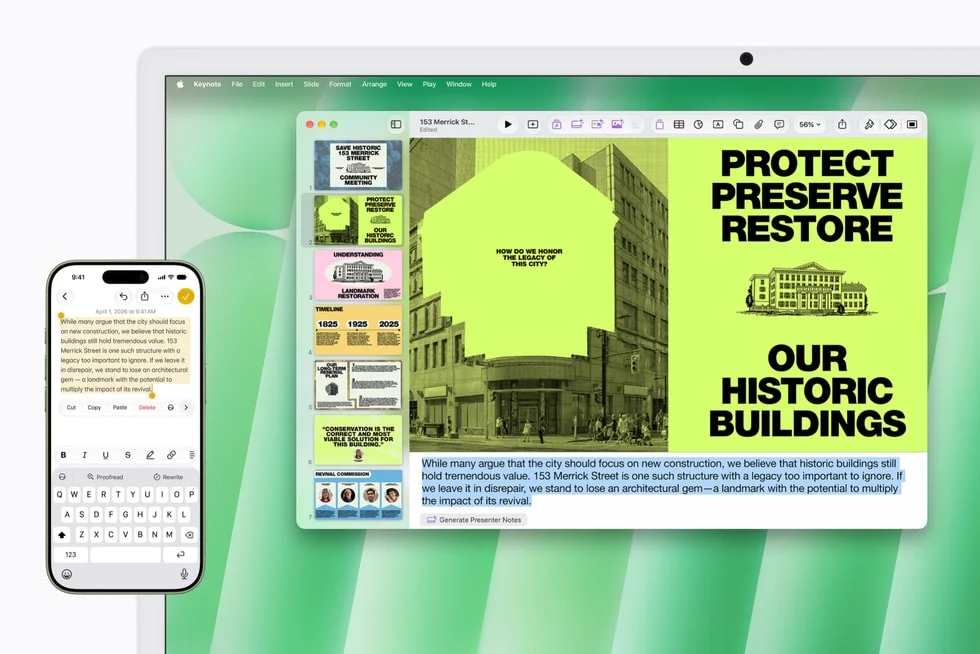 iMacのKeynote画面とiPhoneのメモ。歴史的建造物保存の資料を表示
