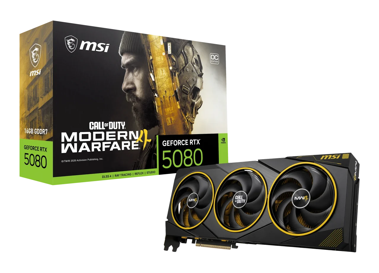 GeForce RTX™ 5080 16G COD MW4 EDITION OCの箱と黄色フィンのカード
