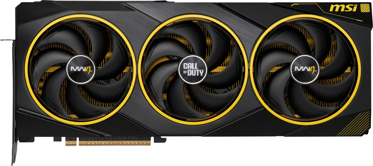 黄色いリングの3連ファンを備えたMSIの黒いグラフィックスカード正面