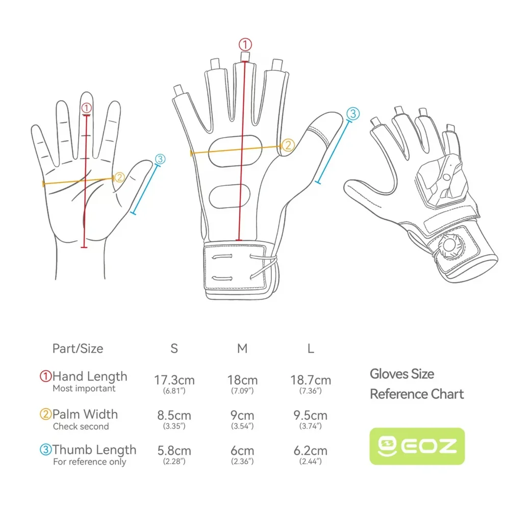 EOZ VRグローブのS/M/Lサイズ参考表と手の計測部位の図