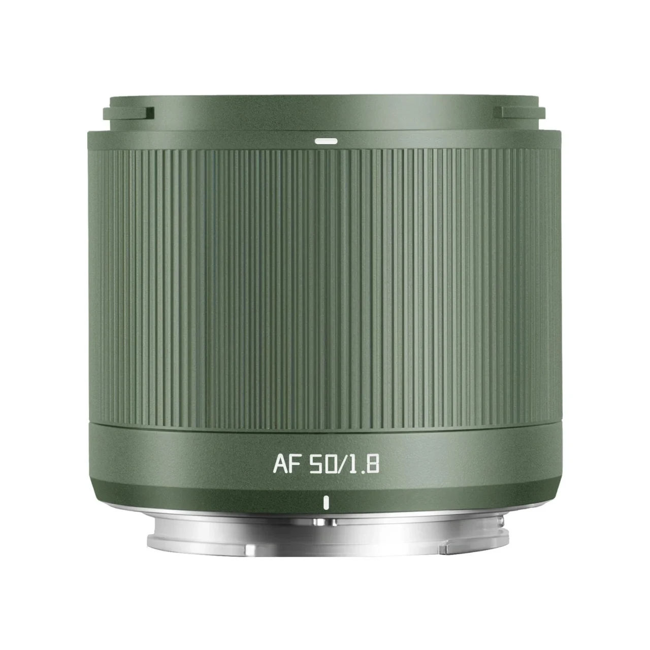Neo AF 50mm f/1.8 グリーンの正面側面、縦溝のある緑色の鏡筒