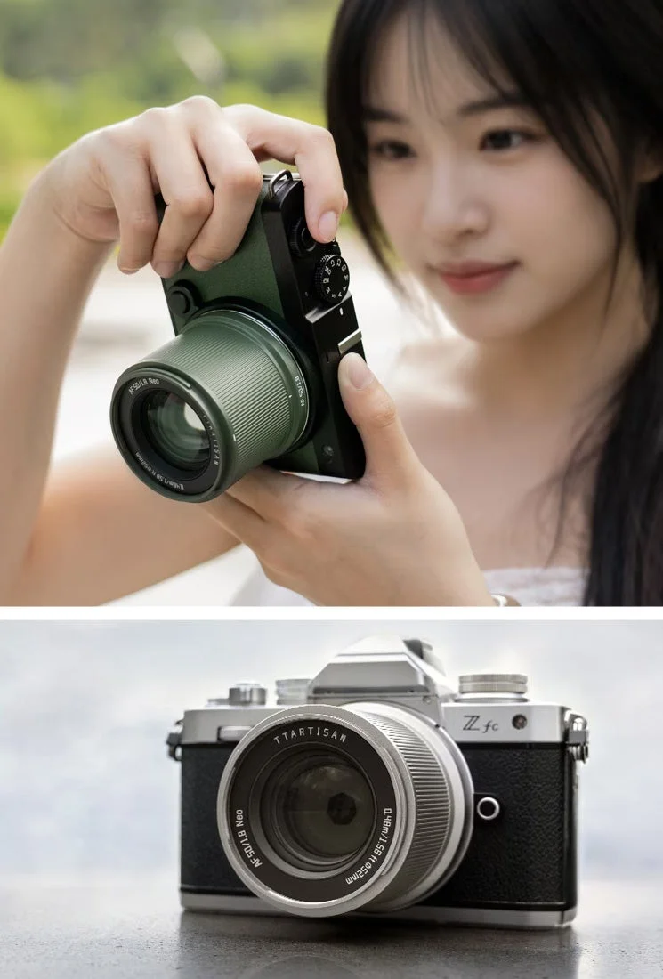 グリーンとチタニウムのNeo AF 50mm f/1.8をカメラに装着した2場面