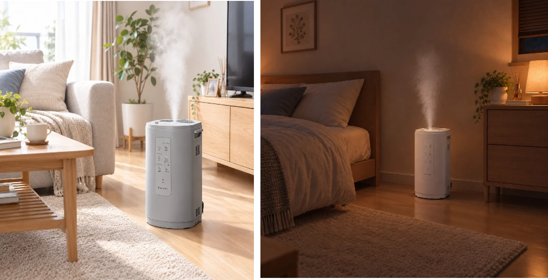 リビングと寝室で蒸気を出すCoconirの新スチーム加湿器