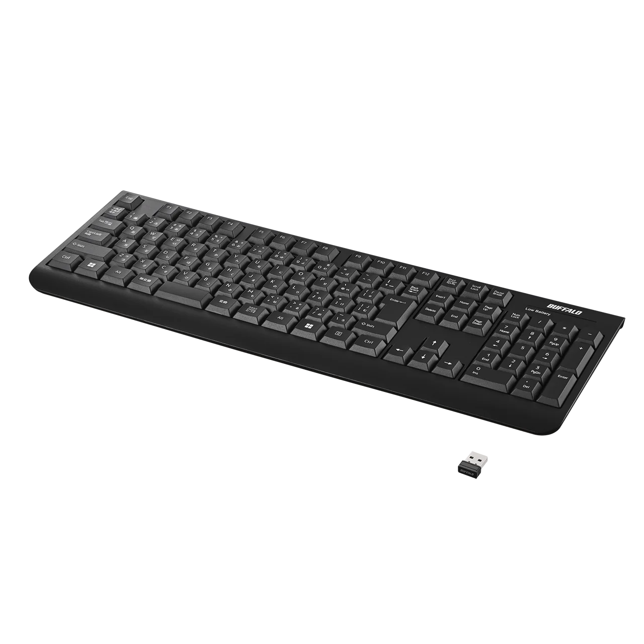 BSKBW150シリーズの黒いテンキー付きフルキーボードとUSBレシーバー