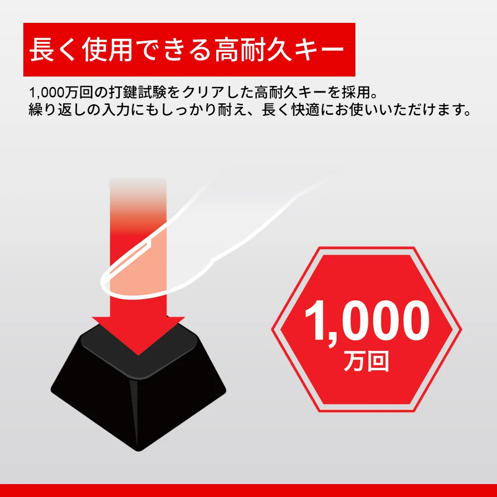 1,000万回の打鍵試験をクリアした高耐久キーを示す、黒いキーと押す指の図