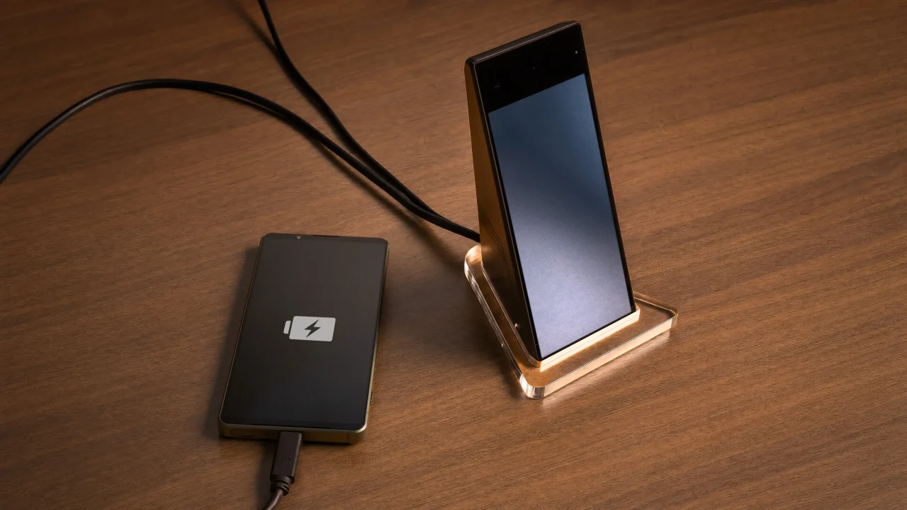 木目の机に置かれた空間再現ディスプレイ『ELF-MN1』と充電中のスマートフォン