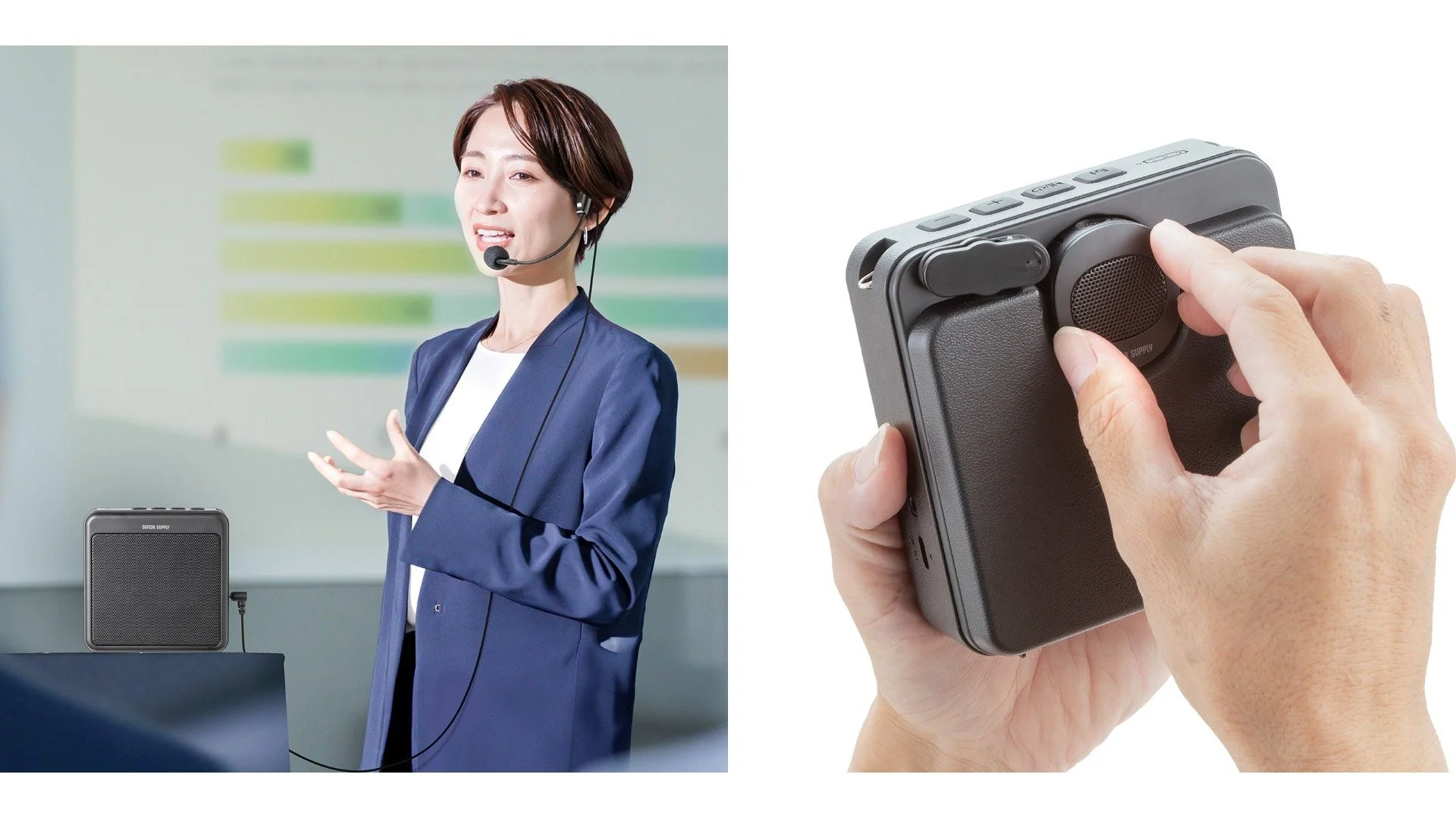 ポータブル拡声器400-SP132を使う女性と、本体のマグネットマイクを持つ手
