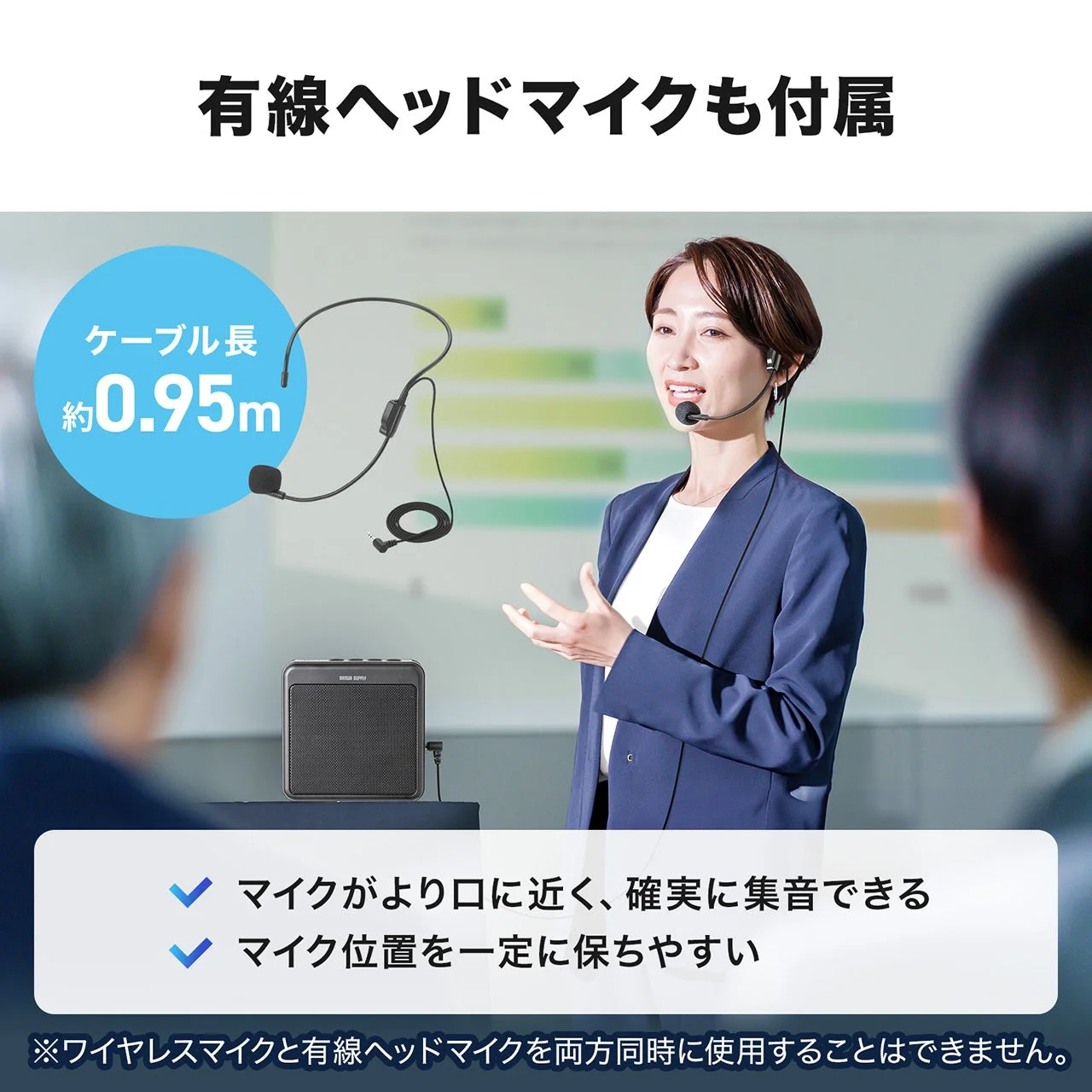 有線ヘッドセットマイクを着けて話す女性とケーブル長約0.95mの表示