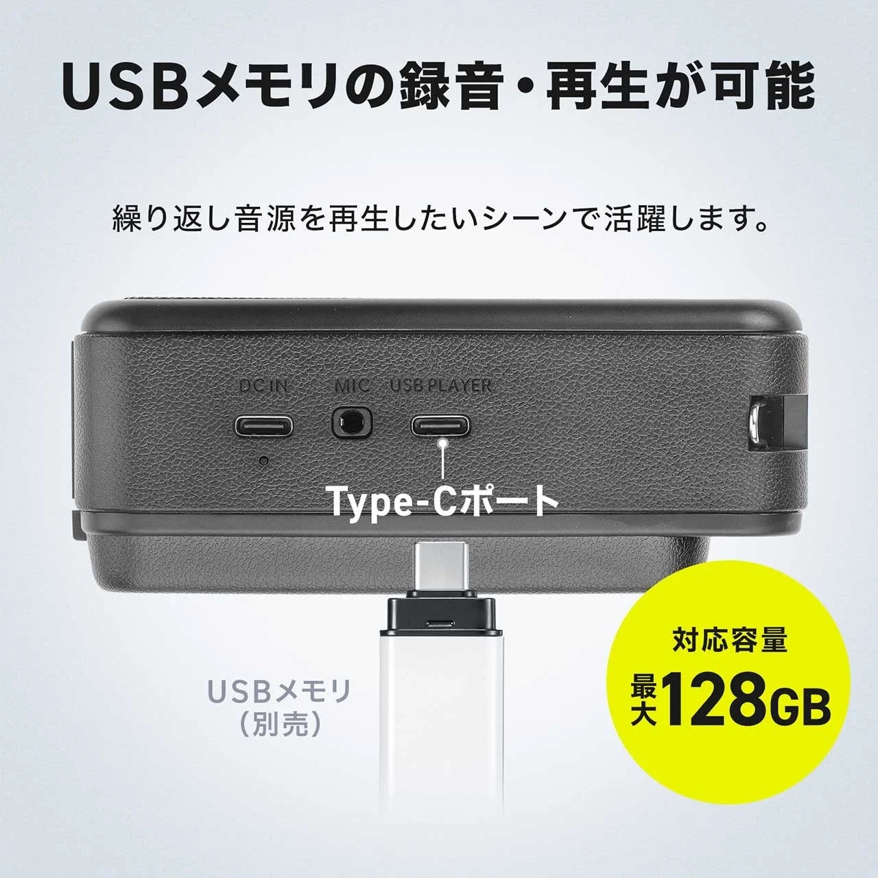 本体側面のType-CポートにUSBメモリを接続した、USB録音・再生機能の説明