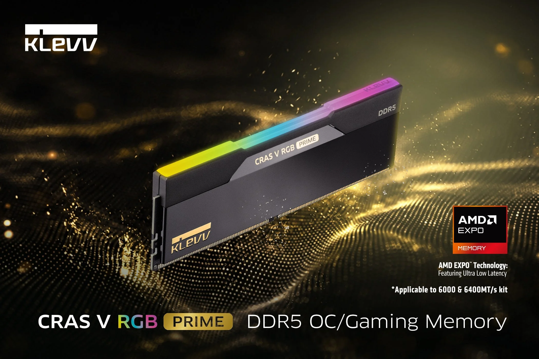 KLEVV CRAS V RGB PRIME DDR5 ゲーミングメモリのブラック＆ゴールドのRGB発光モジュール