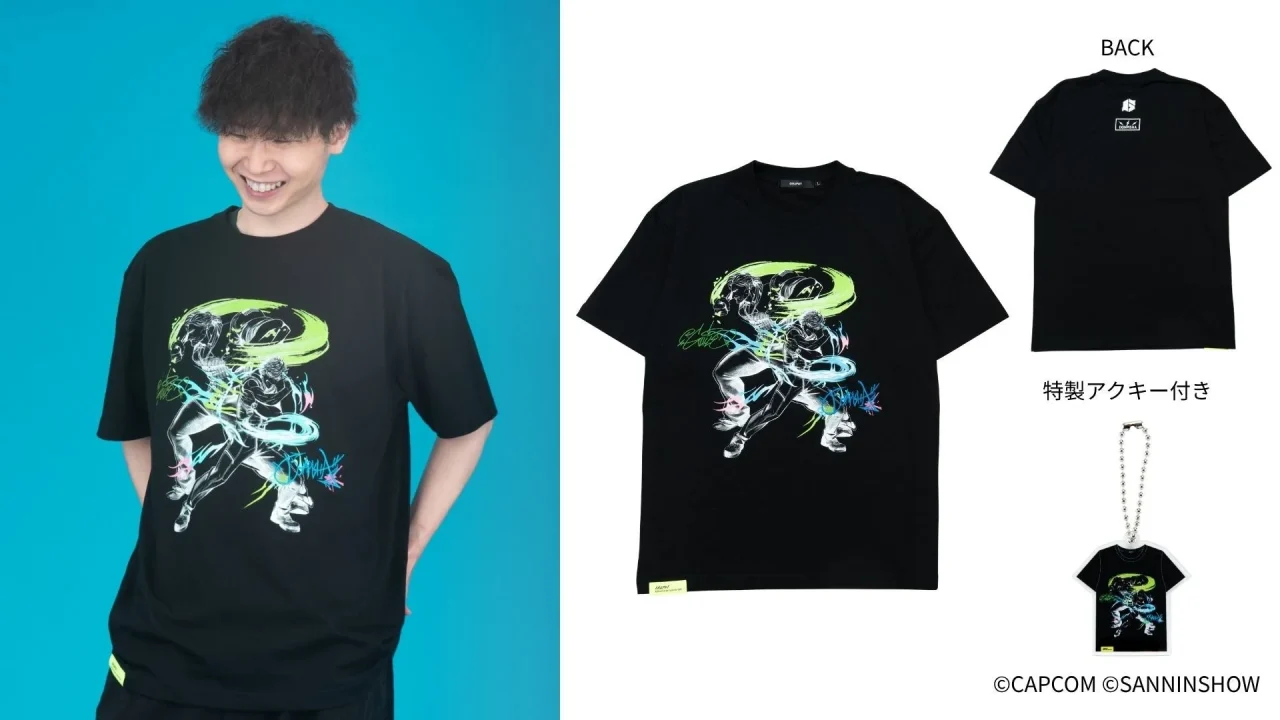 Tシャツ(特製アクリルキーホルダー付き)の着用例、正面・背面、アクリルキーホルダー