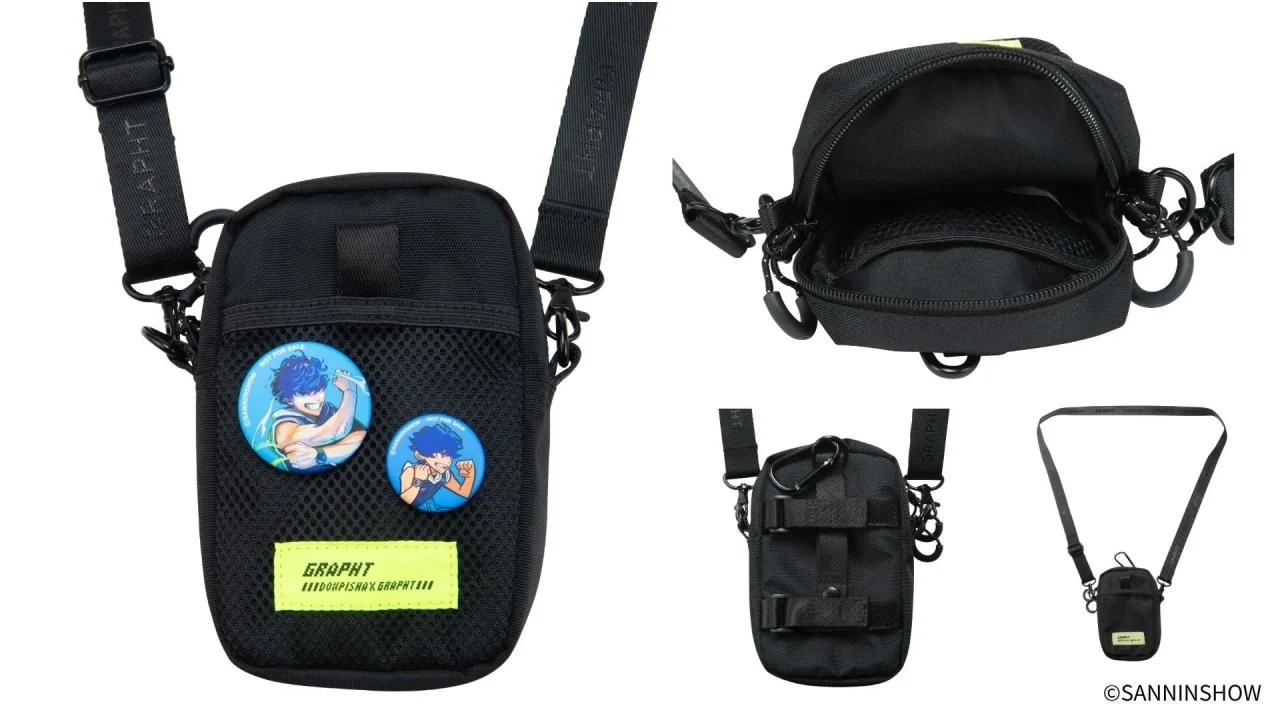 ドンピシャ×GRAPHT Quick Carry Bag Mini 黒のショルダーポーチと缶バッジ
