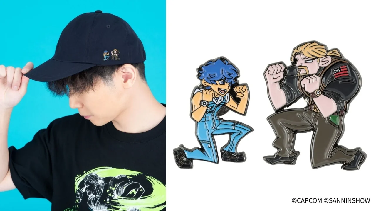 ピンバッジ2個セット。キャップに付けた例と、青髪と金髪のキャラのバッジ2種