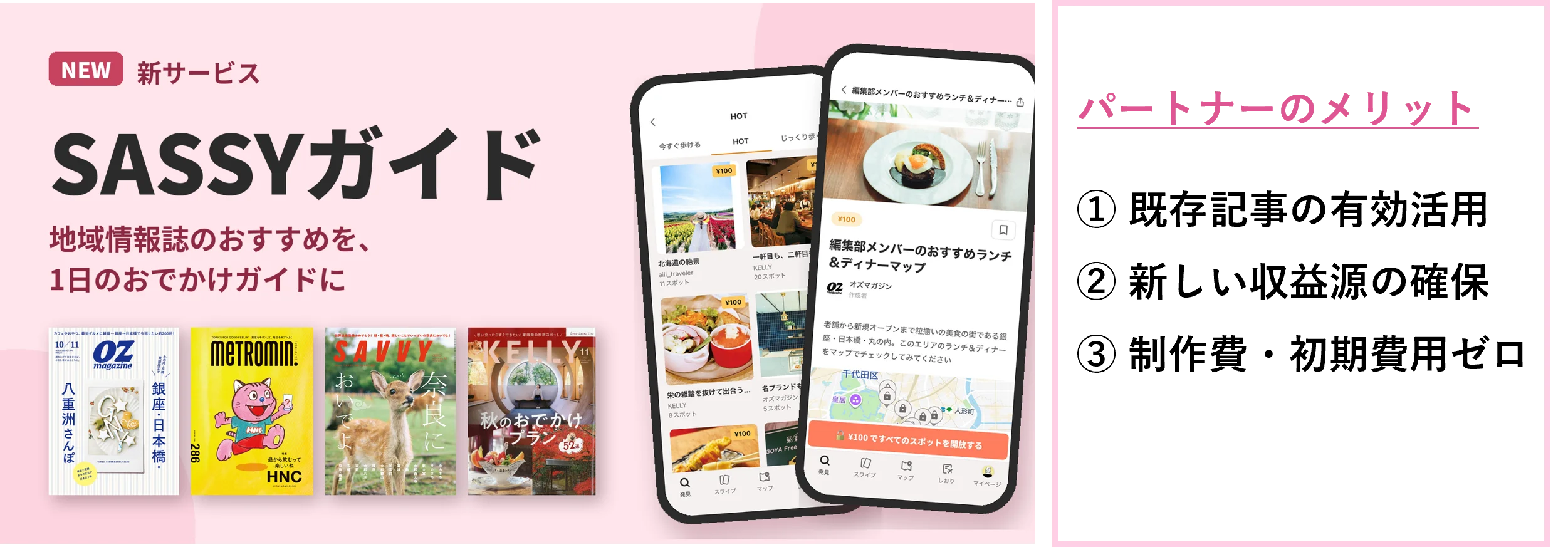 SASSYガイドの告知。雑誌4誌とアプリ画面、パートナーのメリット3点