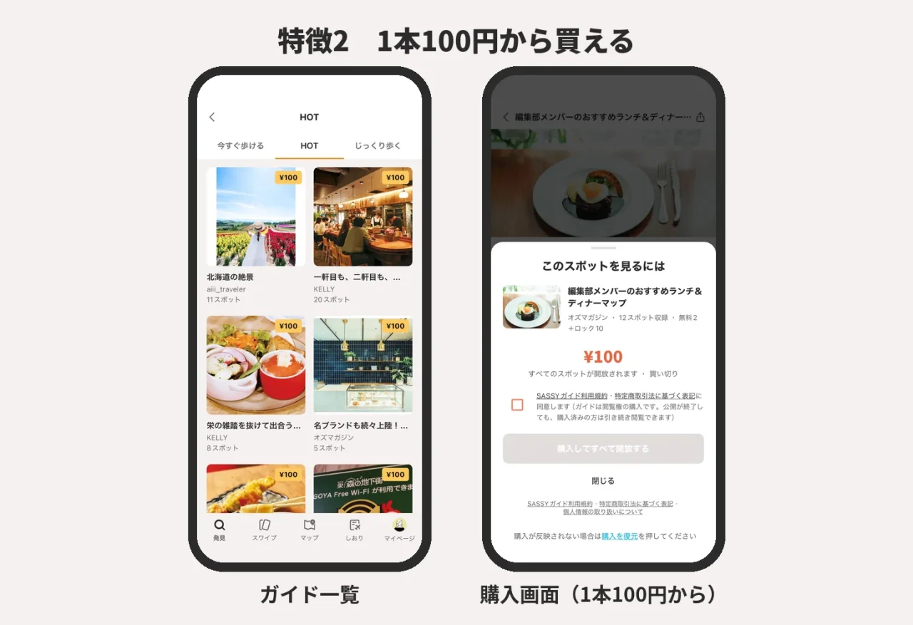 SASSYガイドのガイド一覧と1本100円の購入画面を並べたスマホ画面