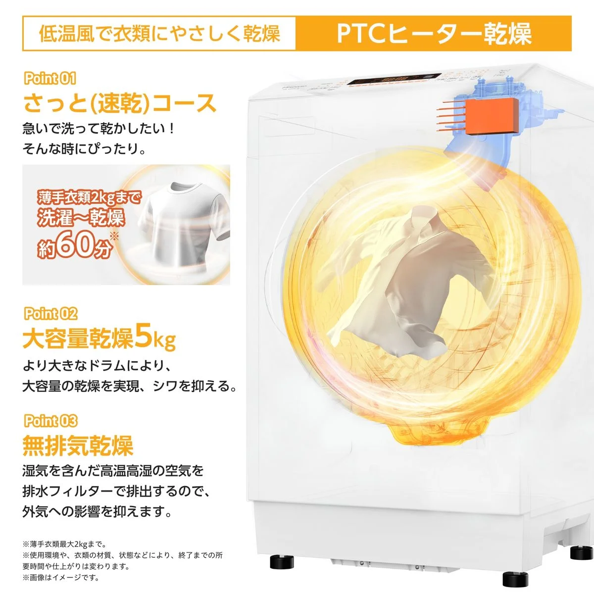 HWF-B90SS-WのPTCヒーター乾燥の説明図