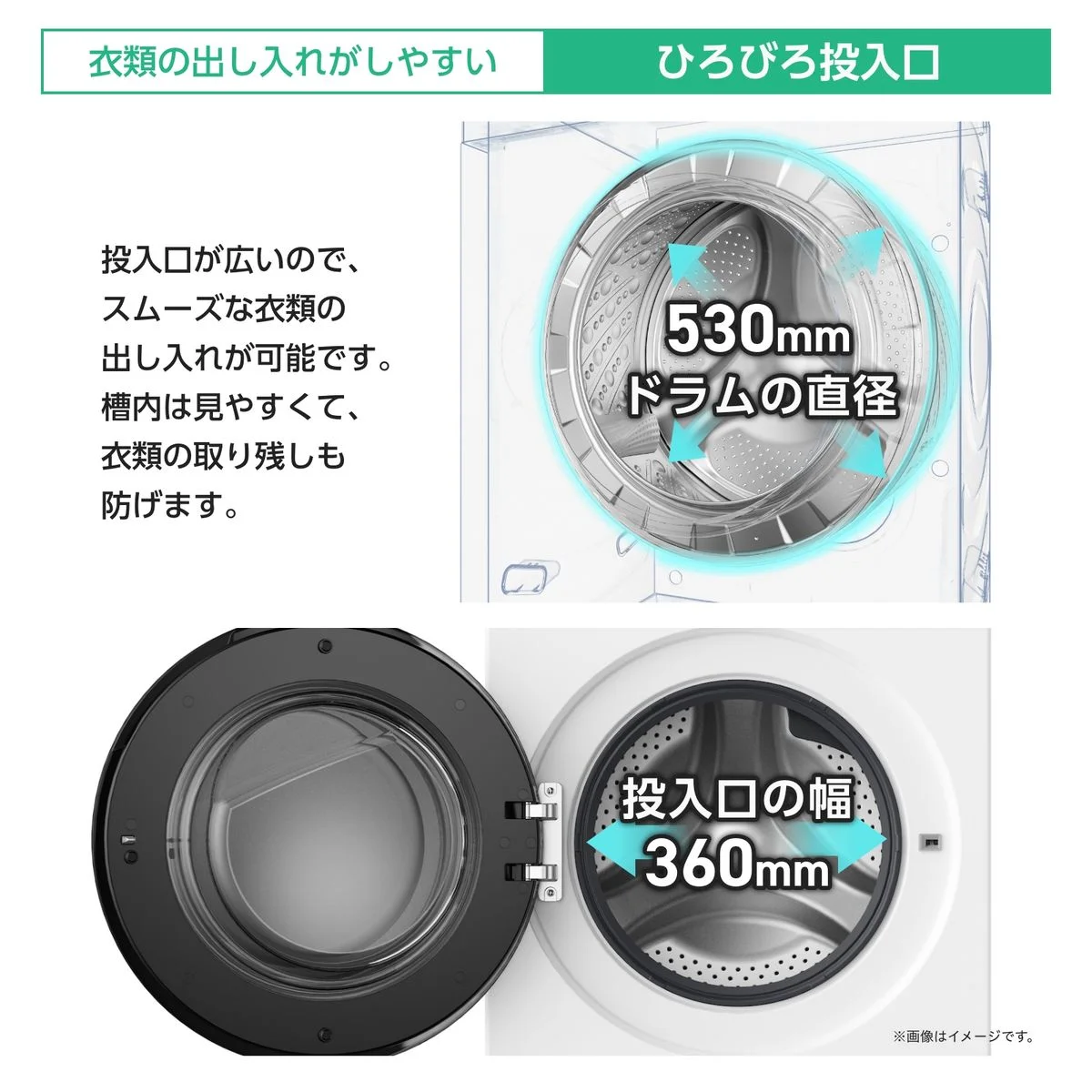 HWF-B90SS-W 投入口の幅360mm・ドラム直径530mmの説明