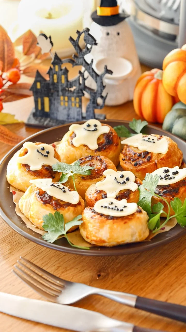 ミートロールパイ。お化け顔のチーズを飾りハロウィン風に盛り付けた皿