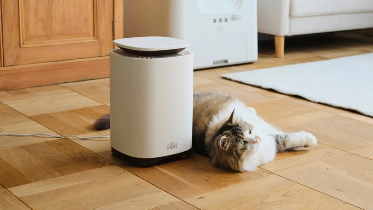 フローリングに置かれた白いPURE PET FUR SWEEPERと、横で寝そべる猫