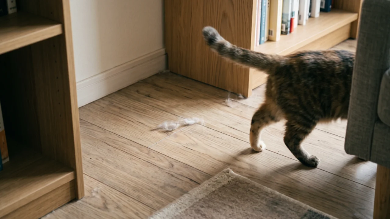 フローリングの床に抜け毛が落ちている部屋を歩く猫