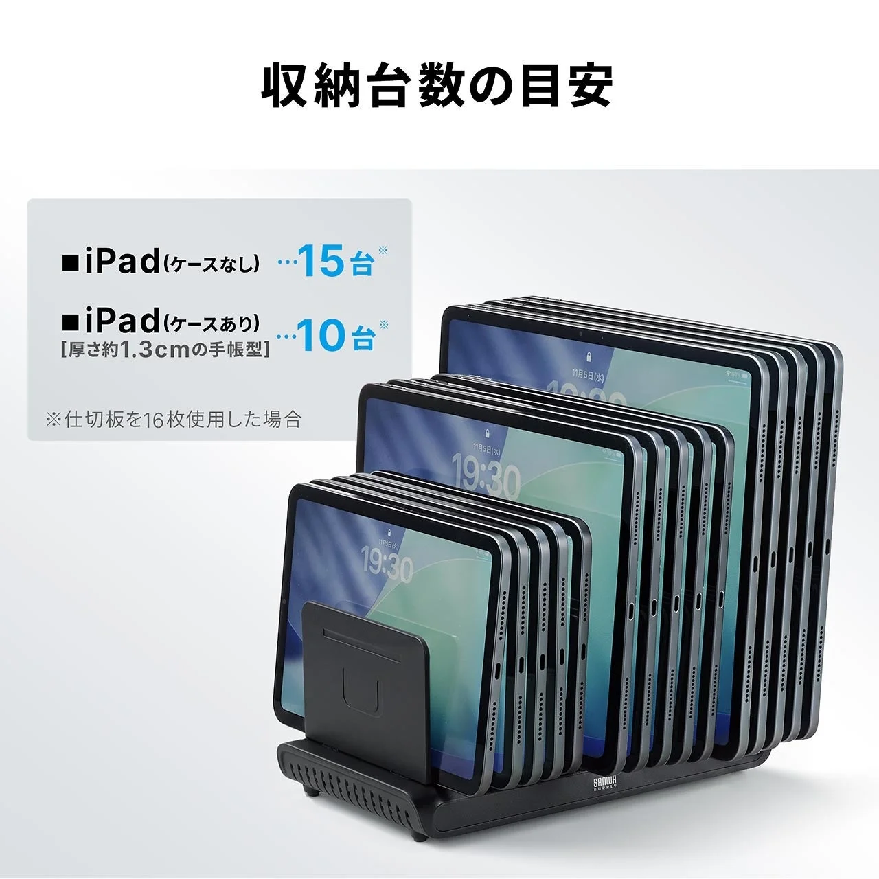 タブレット用スタンド200-STN104BKの収納台数の目安。iPadを並べた様子