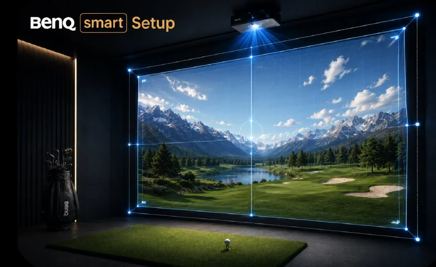 BenQ smart Setupで天井のプロジェクターが山と湖のゴルフ映像を投影