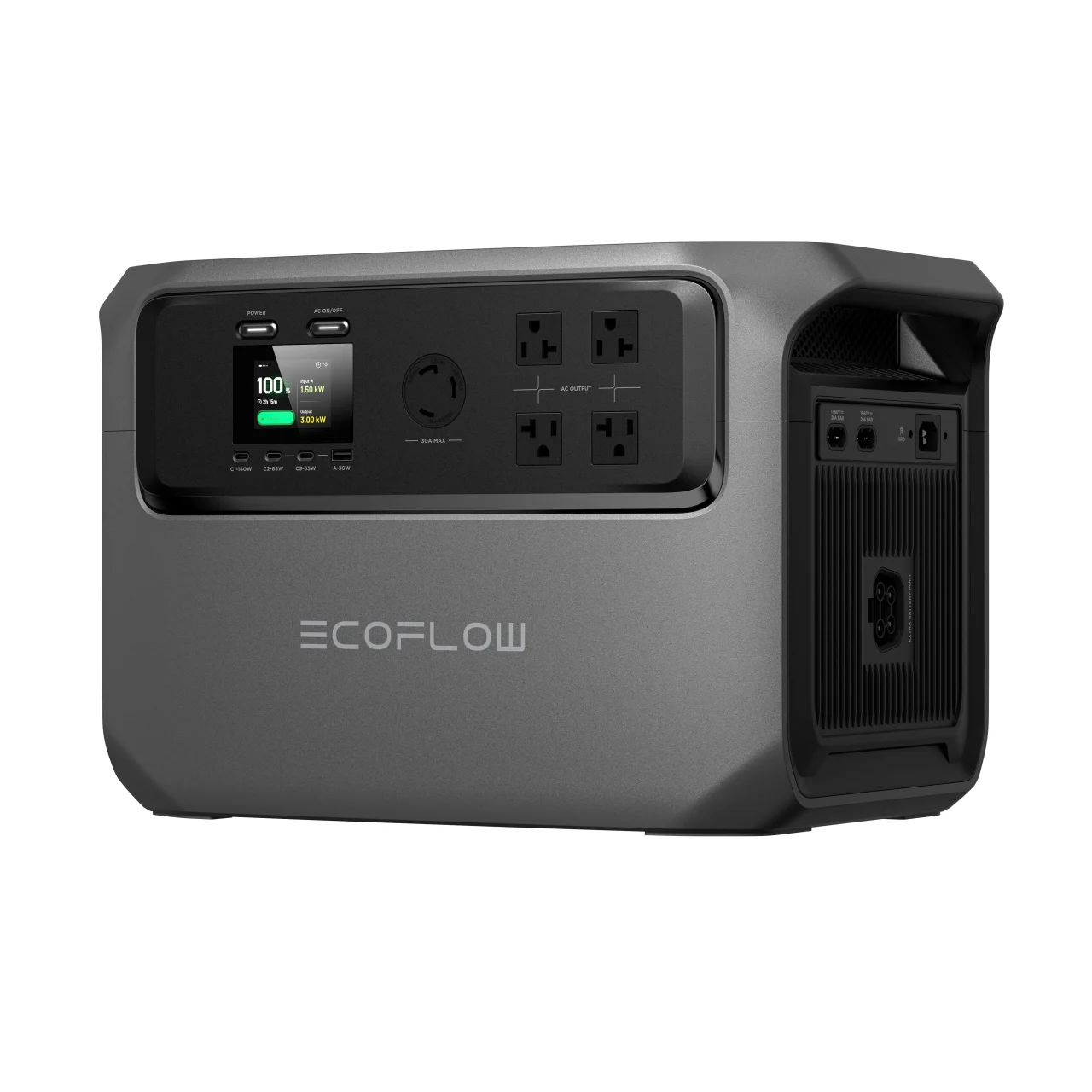EcoFlowロゴ入りのグレーのポータブル電源。カラー画面とAC差込口を備える