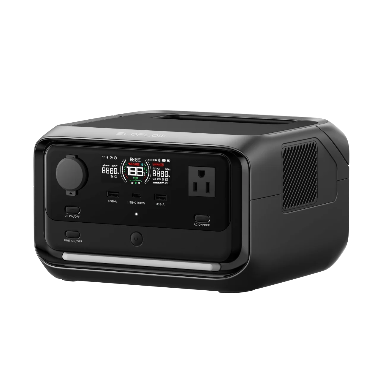 RIVER 3 Plus ポータブル電源。前面にディスプレイとUSBポート、ACコンセントを備えた黒い本体