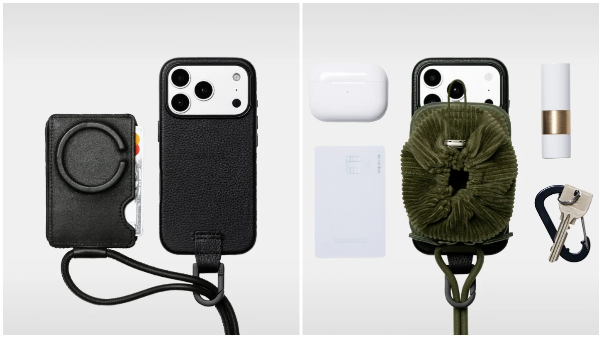パースとスリムカードホルダーを装着したiPhoneケースと収納物
