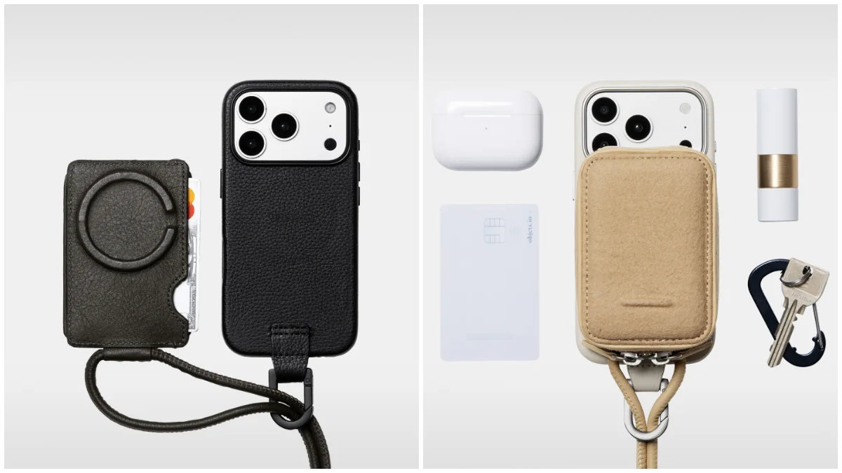 モールスキンのマイクロバッグとスリムカードホルダーを付けたiPhone