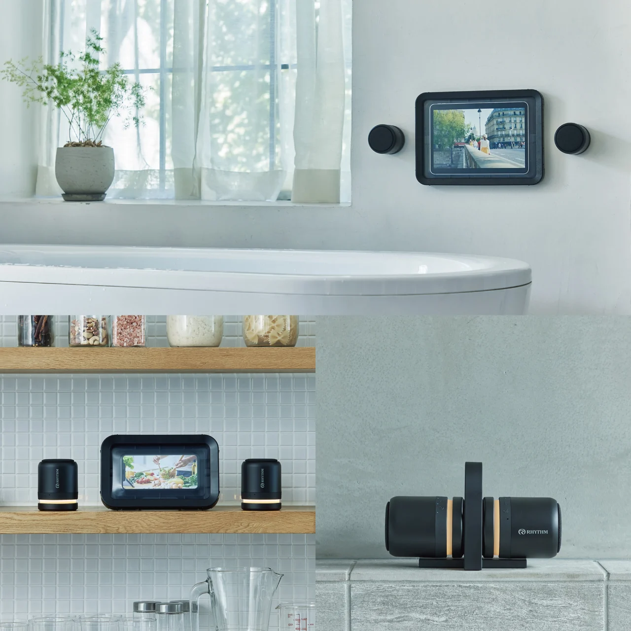 浴室の壁と棚に設置したMAGSPEAKER DUOとMAGCASEのシアターセット