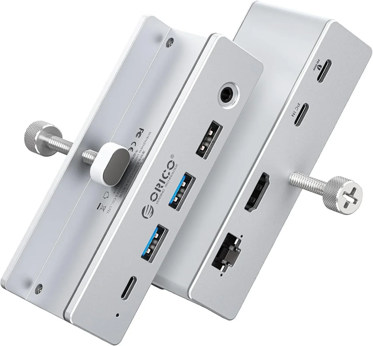 ORICO 8-IN-1 ドッキングステーション。シルバーのクリップ式で各ポートとネジが見える