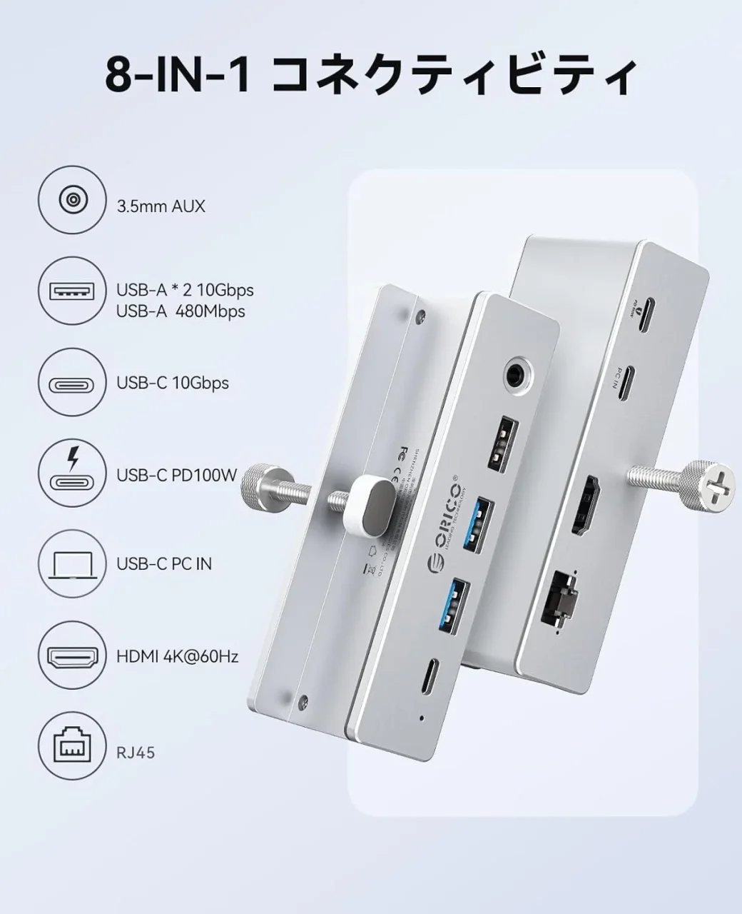 ORICO 8-IN-1 ドッキングステーションのポート一覧とクリップ式本体
