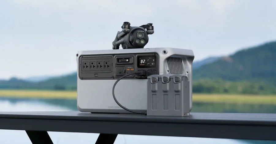 ポータブル電源の上にドローンを置き、ドローンバッテリーを充電している様子