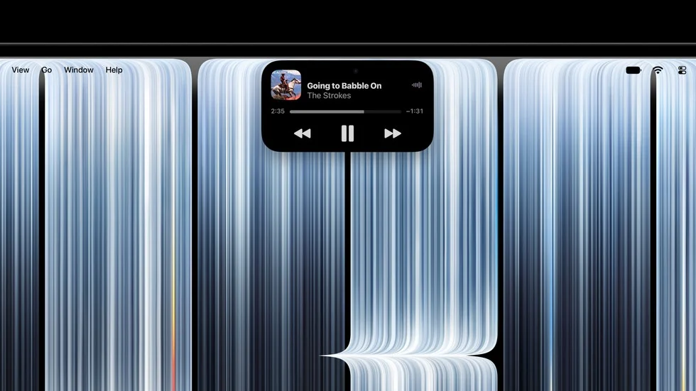MacBook ProのDynamic Islandに表示されたApple Musicの再生画面