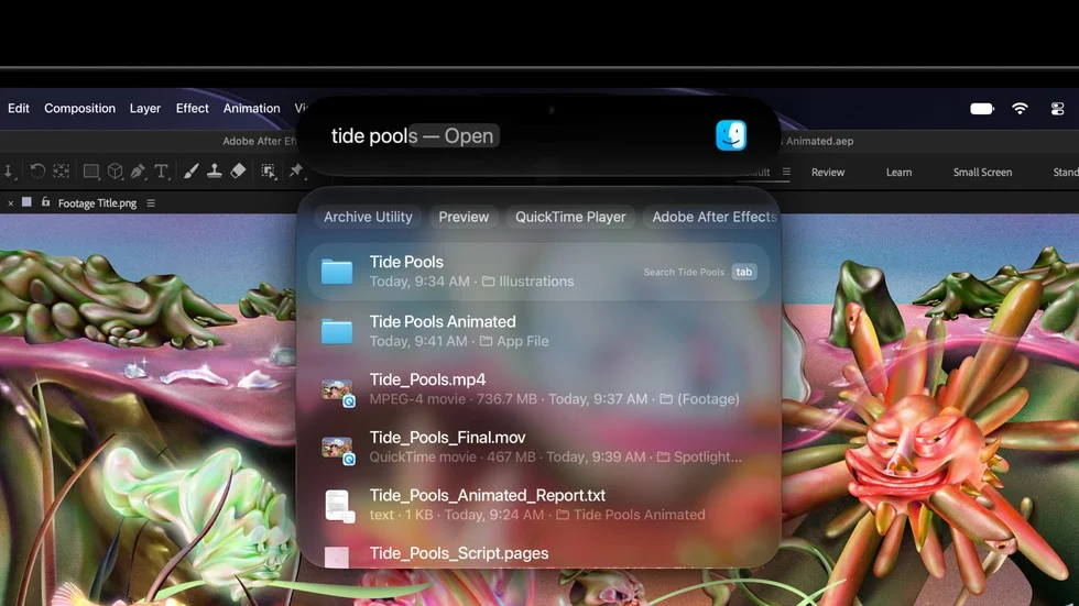 Dynamic Islandで「tide pools」を検索したSpotlight結果の画面