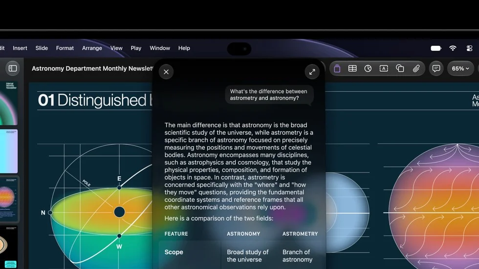 MacBook ProのDynamic Islandで表示されたSiri AIの回答画面