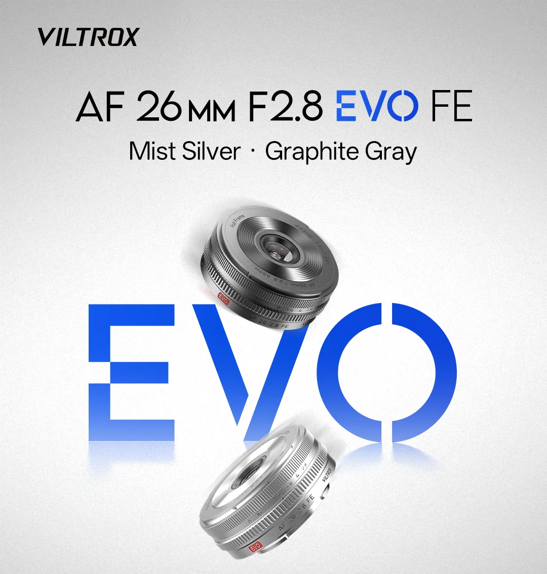 Viltrox AF 26mm F2.8 EVO のミストシルバーとグラファイトグレーの薄型レンズ2本