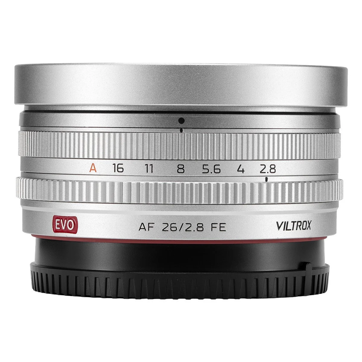 Viltrox AF 26mm F2.8 EVO 銀色の鏡筒を正面から見た側面写真
