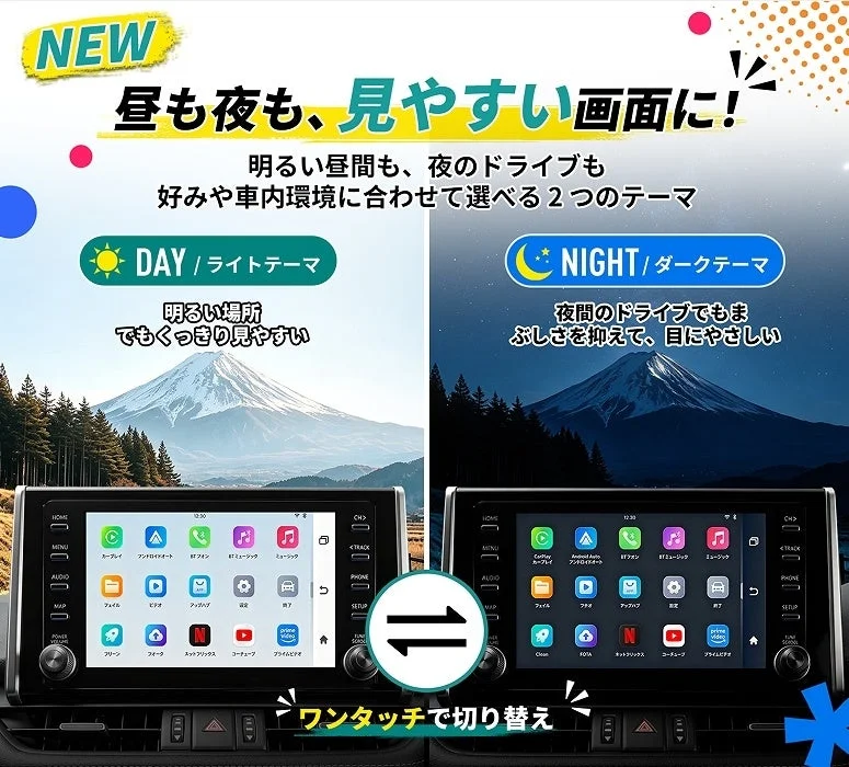 ライトテーマとダークテーマの2つの画面テーマを比較した車載ディスプレイ