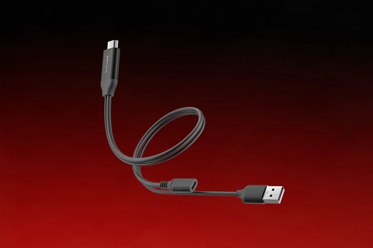 VITURE HDMI to USB-C アダプターケーブル。黒いケーブルの両端にUSB-CとUSB-Aコネクタ