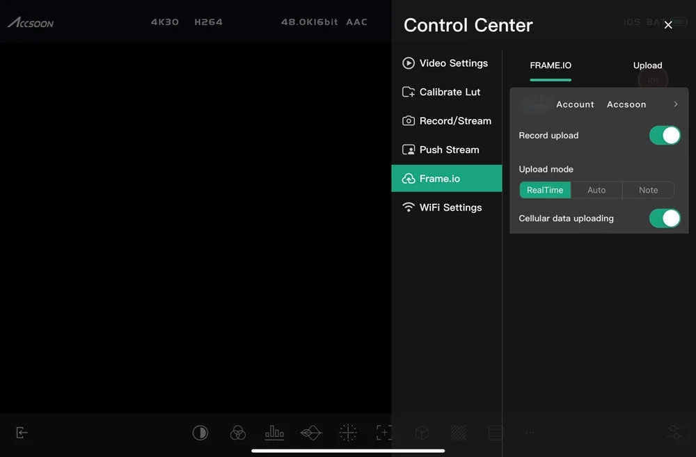 CineView Master 4K IIのFrame.io連携設定を示すAccsoonアプリのControl Center画面