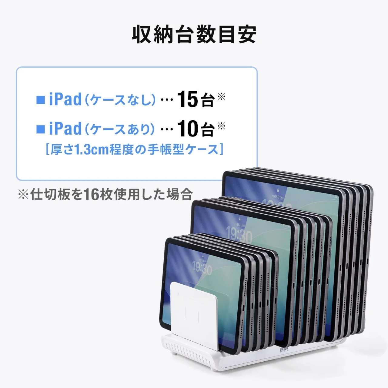 仕切板を使い複数のiPadを立てて収納した収納台数目安の図